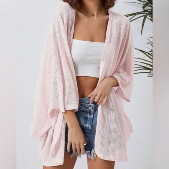 Pink Sheer Lightweight Knit Long Sleeve Cardigan | Pink | One Size - Picture 1 of 4